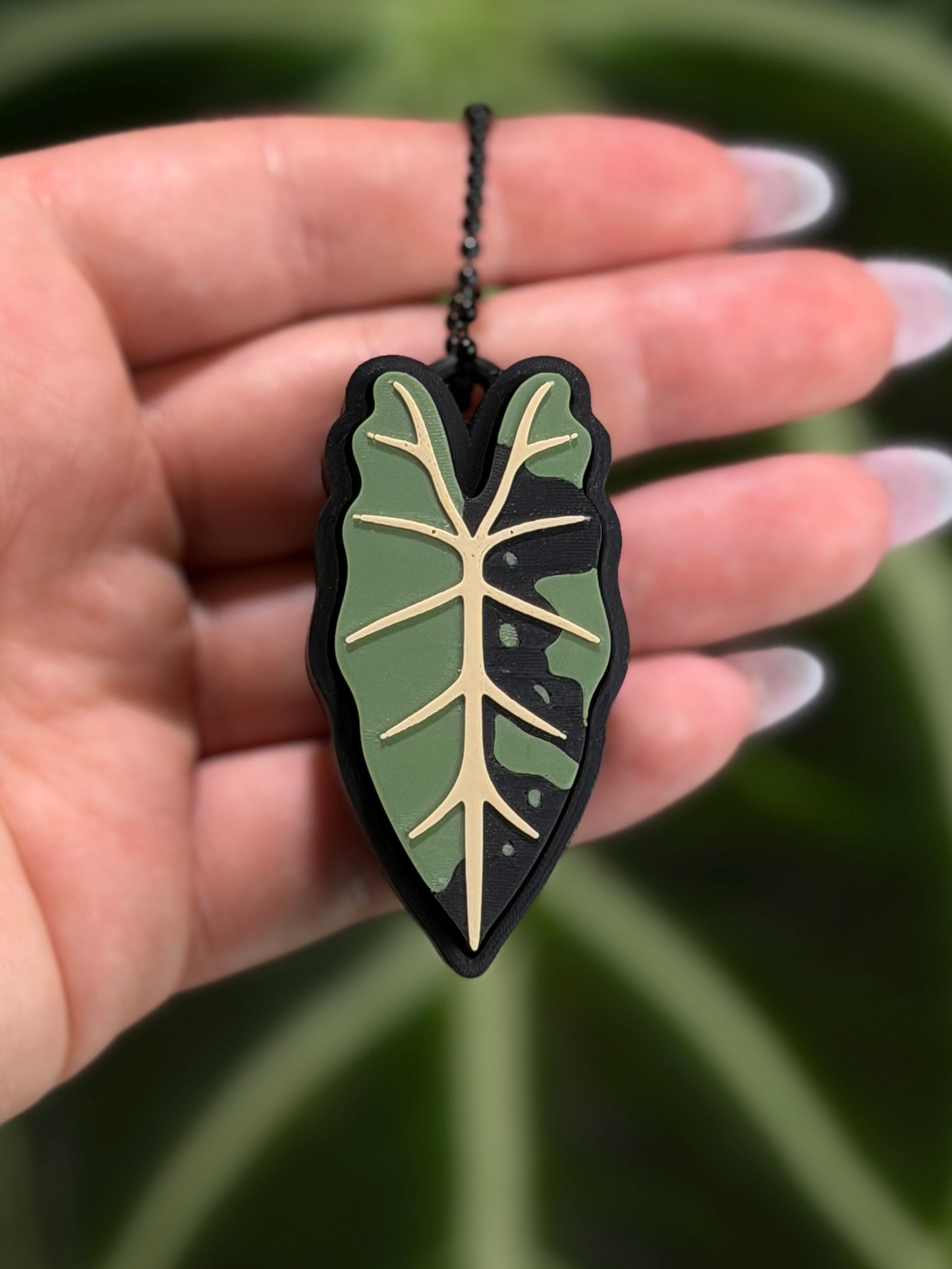 Fidget Leaf Clicker Variegated Alocasia Frydek mit grün-weißem Muster inspiriert von panaschierten Pflanzen