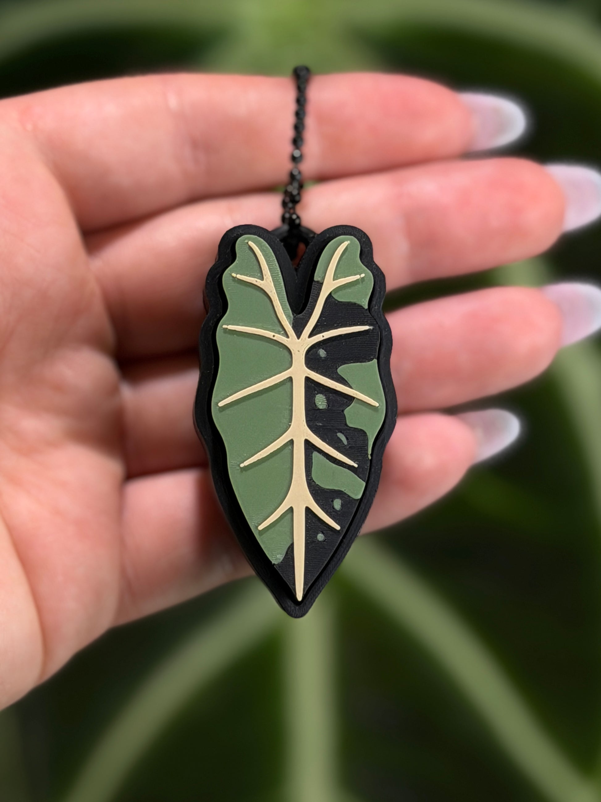 Fidget Leaf Clicker Variegated Alocasia Frydek mit grün-weißem Muster inspiriert von panaschierten Pflanzen